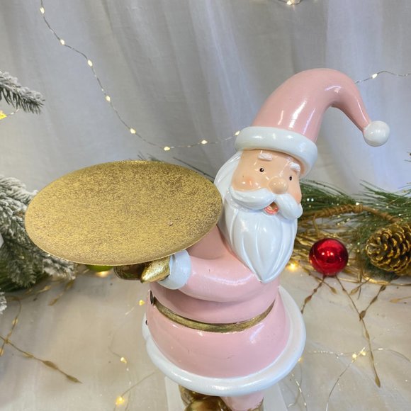Christmas Holiday Pink Gold Santa Holding Serving Tray Display Stand NEW - Picture 4 of 16